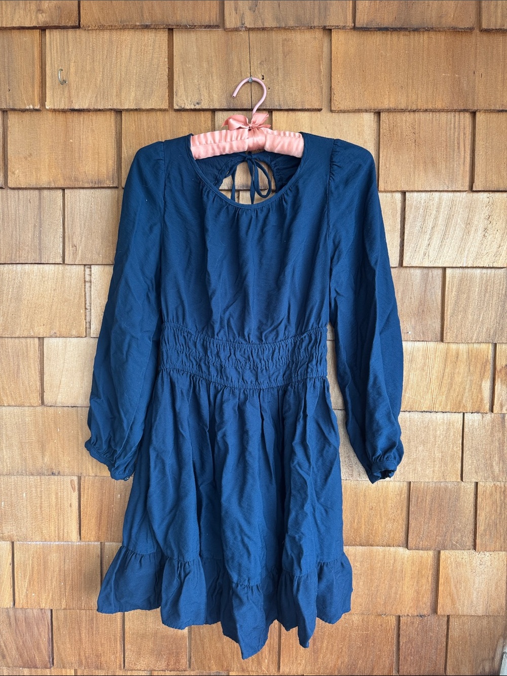 Madewell Navy Long-Sleeve Smocked Waist Ruffle Dress